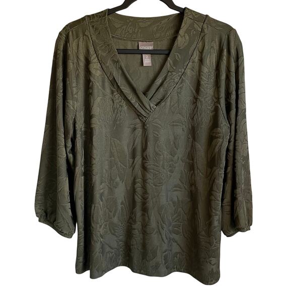 Chico’s Olive Green Top Tonal Textured Floral Print V-Neck Stretch Sz L Career - Picture 1 of 10